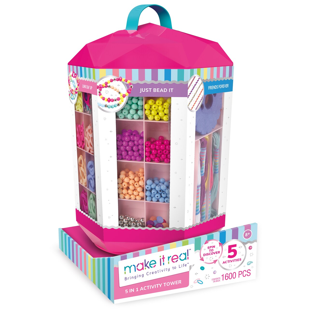 Make It Real: 5-In-1 Activity Tower - 1600 Pieces Spinning Vertical Platform, 5 Removable Storage Trays, Various Types Of Bead, DIY Unique Jewelry Kit, Tweens & Girls, Arts & Crafts, Kids Ages 8+